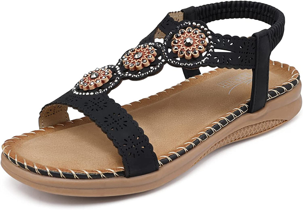 Size 5.5 (EU 36) Sandals for Women, Bohemian Flat Rhinestone Comfortable Beaded